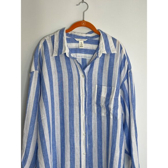 H&M Linen Long Sleeve Button Front Oversized Shirt Blue White Stripe Size Large - Picture 2 of 8